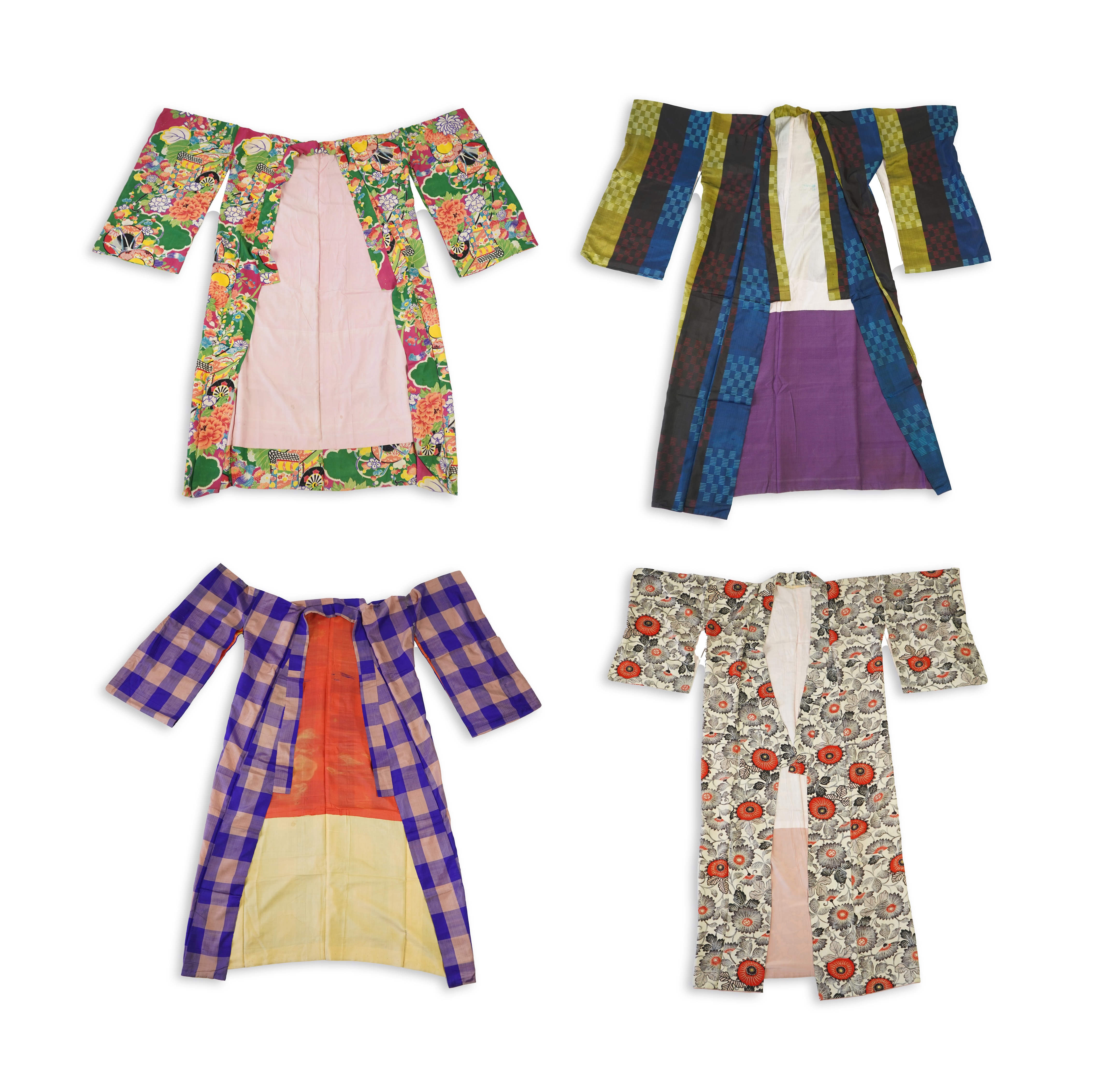 Four 1930’s - 1950’s printed silk full length silk lined Japanese kimonos. Two floral and two geometric in design. Longest black and orange floral designed kimono, 150cm long. Condition - purple and pink check kimono the